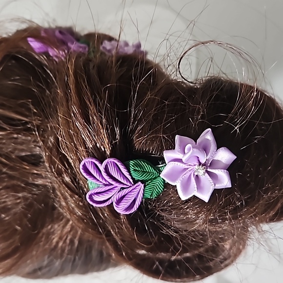 Hand Crafted Purple Barrette Hair Clip Floral Ribbon flowers purple 2- Piece set - Picture 14 of 16